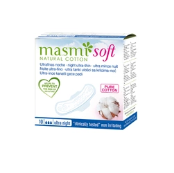 Masmi Soft Ultra cienkie bawełniane podpaski ze skrzydełkami na NOC,100% Bawełny Organicznej 10szt